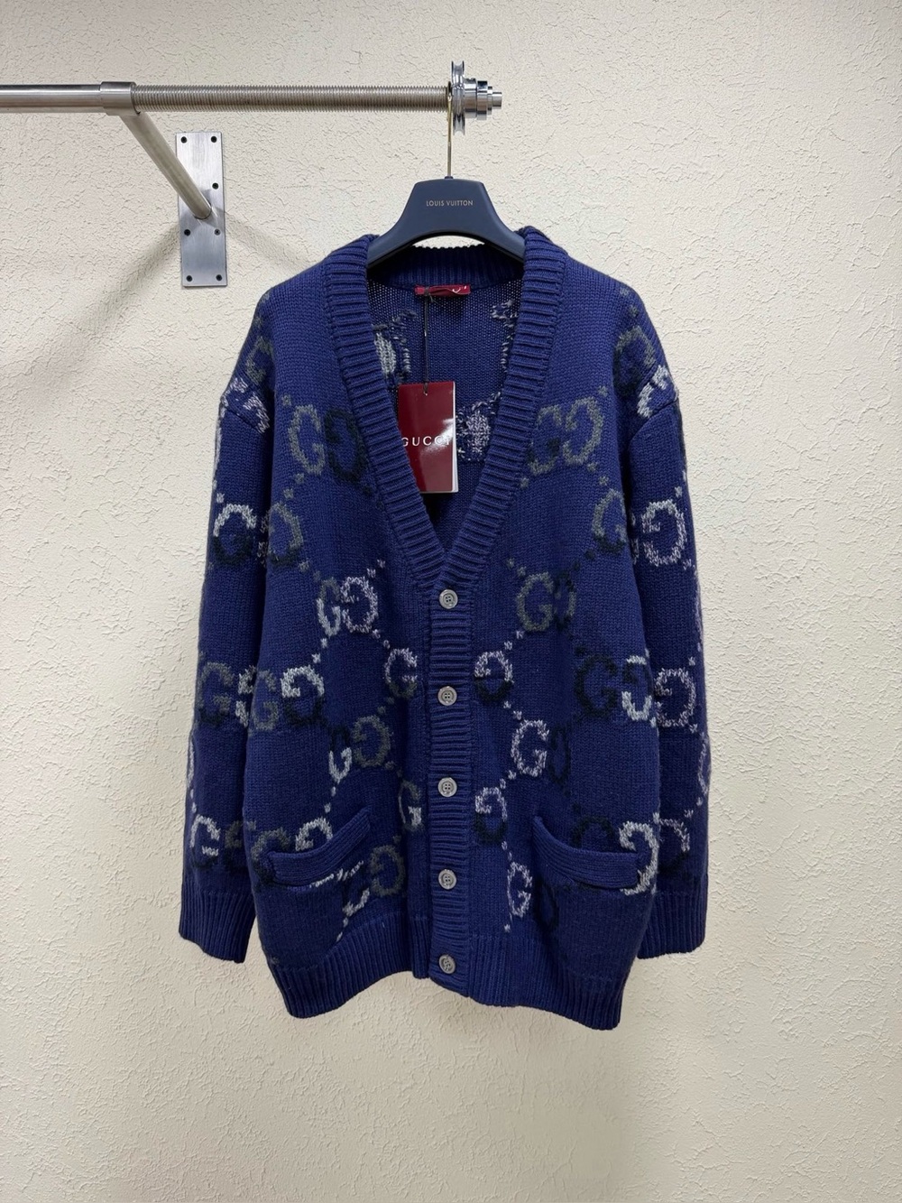 Gucci Navy Faded Gradient GG Monogram Oversized V‑Neck Knit Cardigan